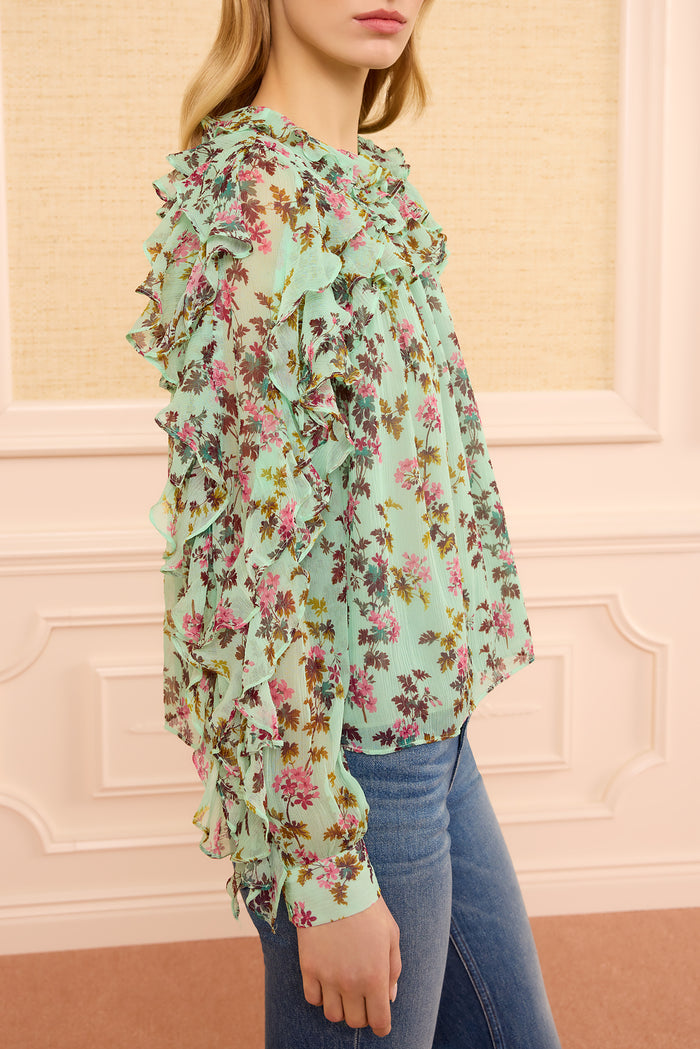 Opaline Botanical Print Silk Blouse - Side Ruffle Sleeve Detail On Model | Ulla Johnson