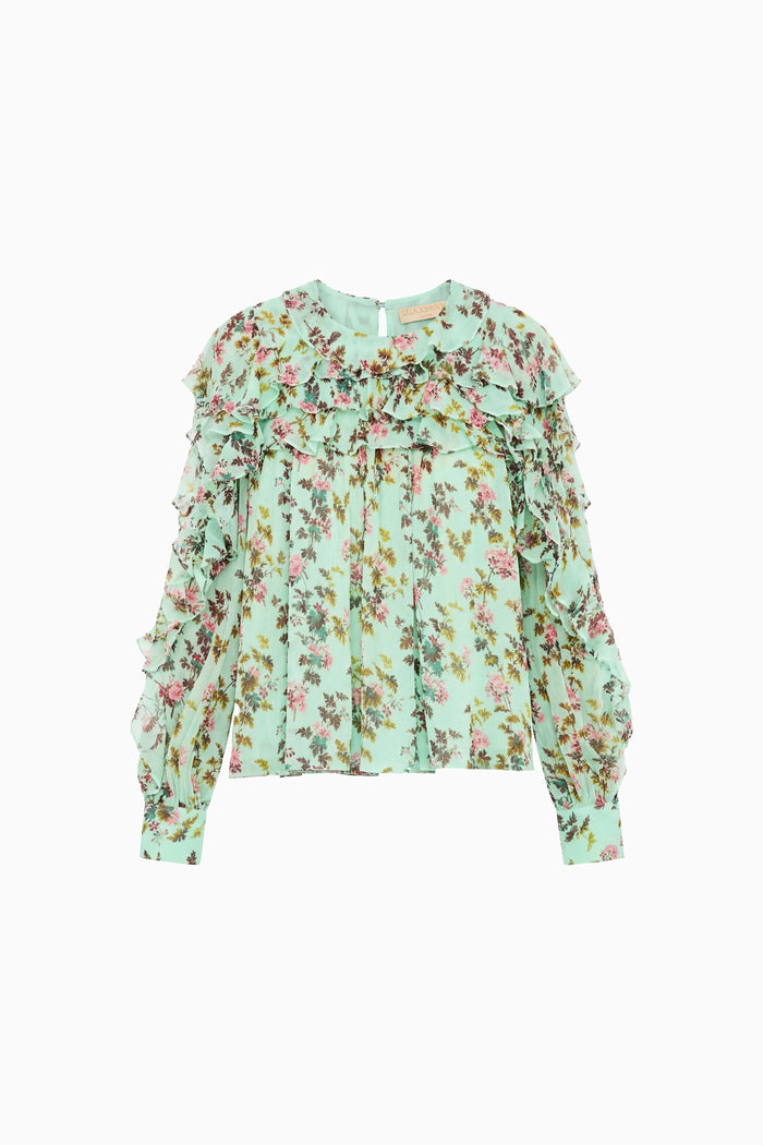 Opaline Floral Luxury Silk Blouse with Cascading Ruffles - Flat Lay | Ulla Johnson