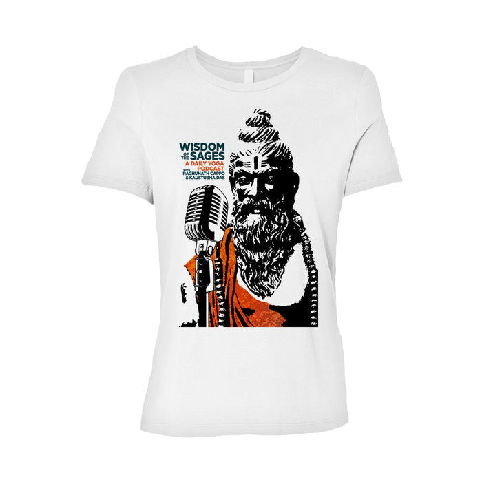 Wisdom Of The Sages white tee with an illustrated sage in an orange robe and long beard, speaking into a vintage mic. Features podcast text: “Wisdom of the Sages, a Bhakti Yoga Podcast with Raghunath & Kaustubha.”.