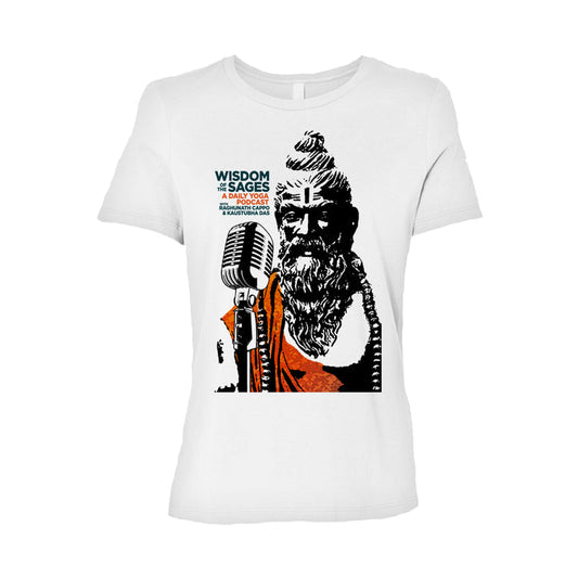 Wisdom Of The Sages white tee with an illustrated sage in an orange robe and long beard, speaking into a vintage mic. Features podcast text: “Wisdom of the Sages, a Bhakti Yoga Podcast with Raghunath & Kaustubha.”.