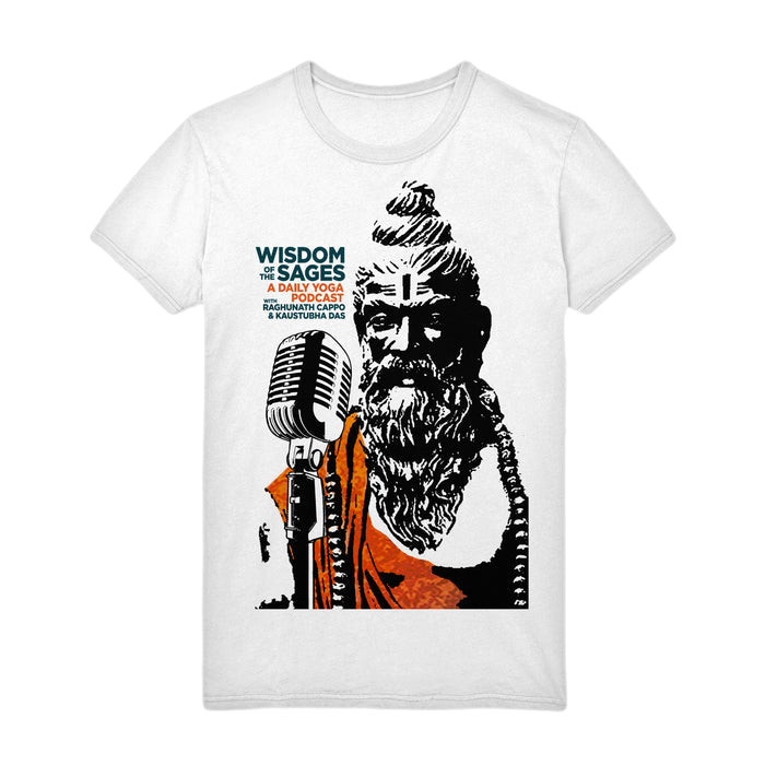 Wisdom Of The Sages white T-shirt with an illustrated sage in orange robes and beads, standing behind a vintage microphone. Text: Wisdom of the Sages: A Daily Yoga Podcast.