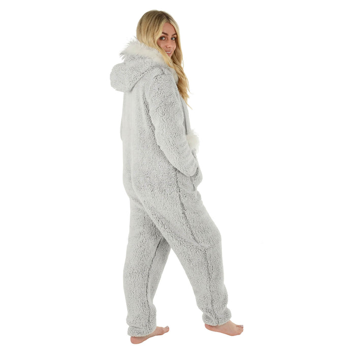 Womens All in One Pyjama Suit Faux Fur Hood Pom Poms Fleece