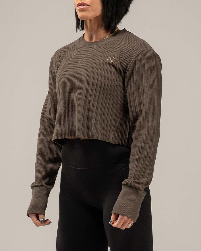 WOMEN'S FOREVER WAFFLE KNIT CROP - OLIVE GREY