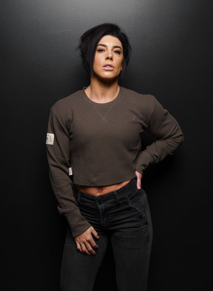 WOMEN'S FOREVER WAFFLE KNIT CROP - OLIVE GREY