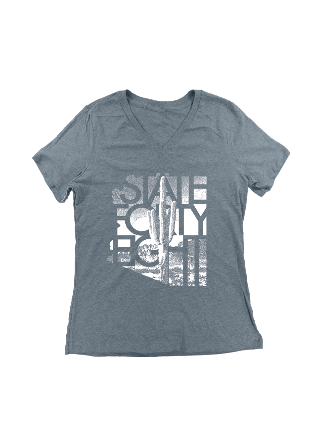 Slate blue heather V-neck tee with a faded cactus and bold white text square design