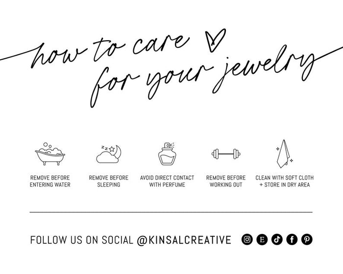 How to care for your jewelry care guide with handwritten script and icons on a white page.