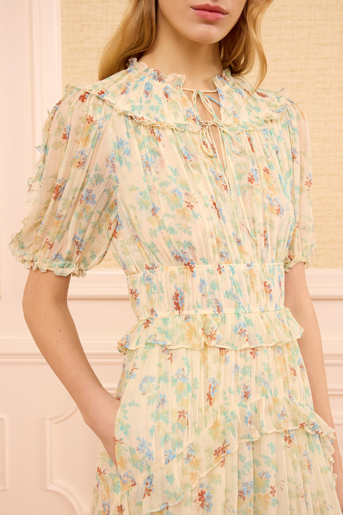 Butter Yellow Silk Chiffon Dress Ruffle Neckline Close-Up Detail | Ulla Johnson