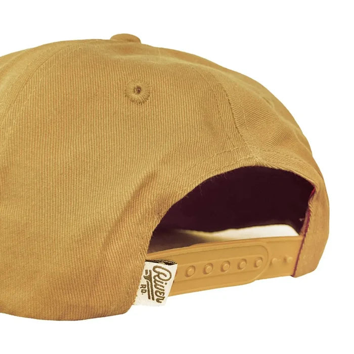 Back view of the mustard Yeehaw kids hat showing an adjustable strap and Rawlings tag