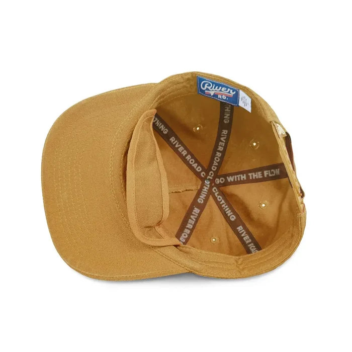 Tan Yeehaw flatbrim kids hat shown from inside with cross straps and River Road label