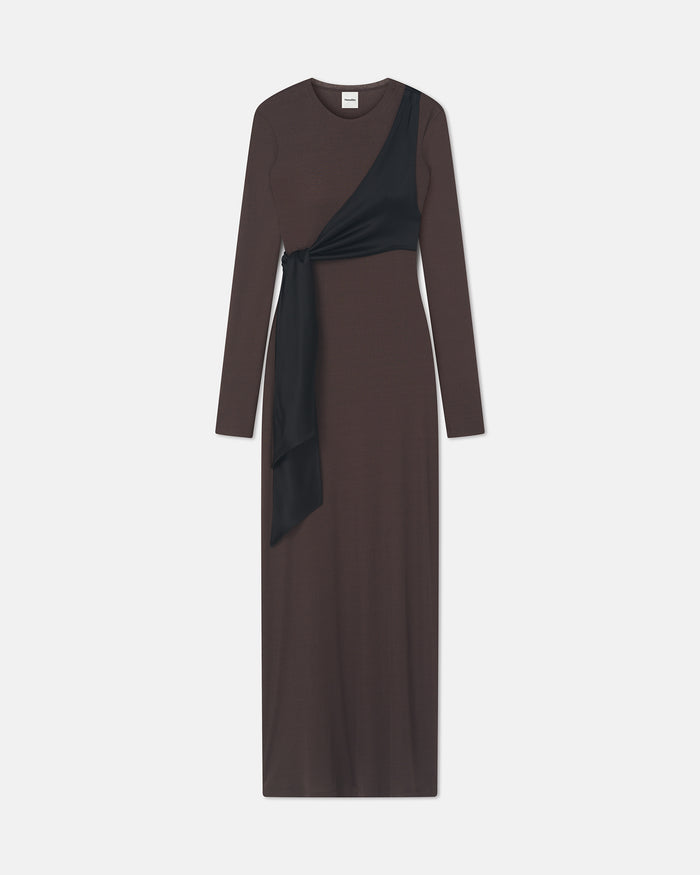 Yura - Mesh Jersey/Slip Satin Long Dress - Dark Oak/Black