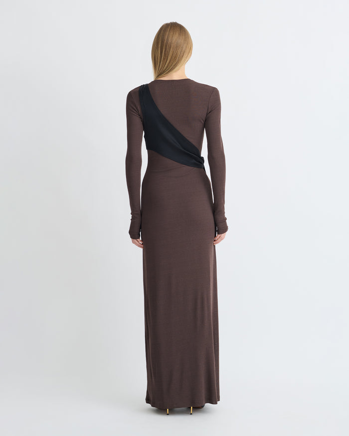 Yura - Mesh Jersey/Slip Satin Long Dress - Dark Oak/Black