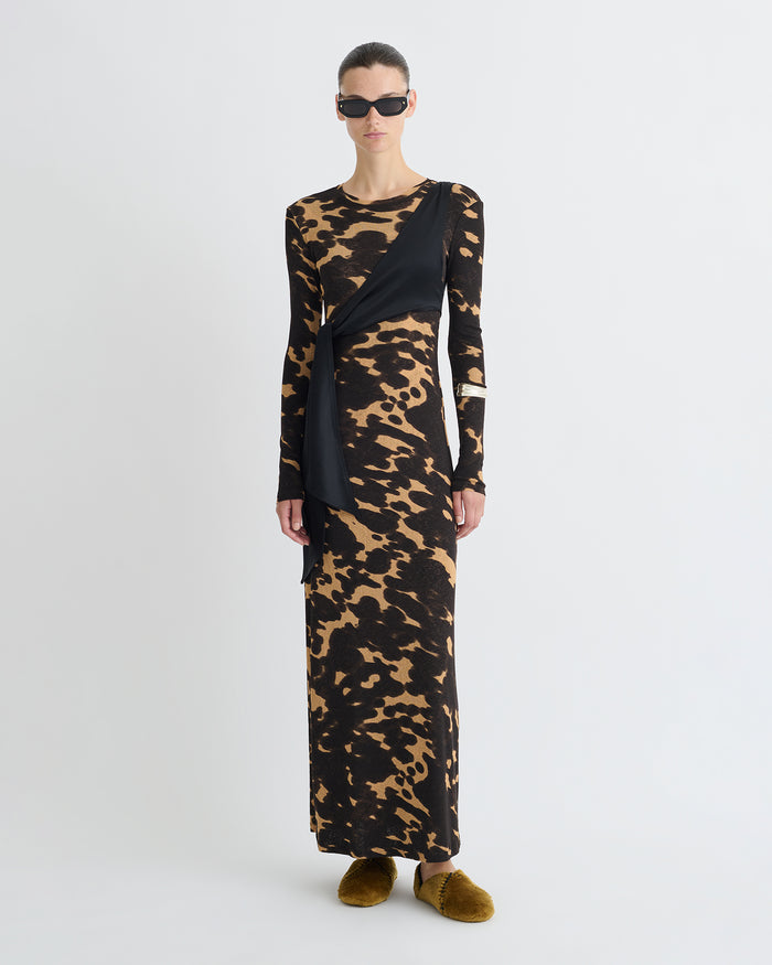 Yura - Mesh Jersey/Slip Satin Long Dress - Midnight Mocha Apricot/Black